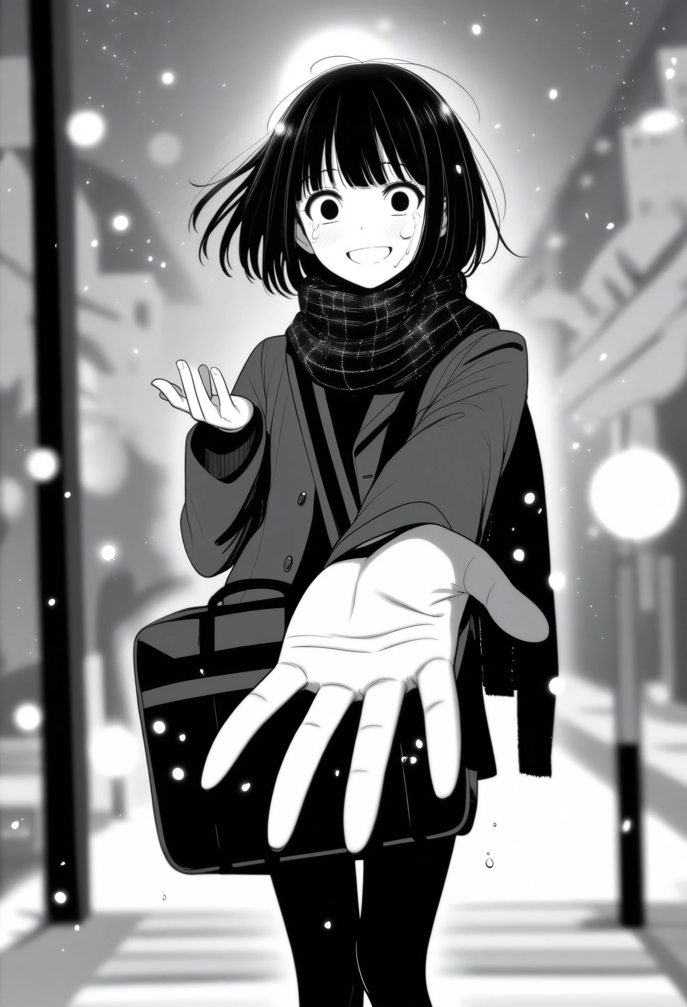 masterpiece, best quality, 1girl, mamerakkkkko, grayscale, manga style, japanese, chi no wadachi, black eyes, street, iced, black hair, schoolbag, smile, lineart, black coat, black scarf, black pleated skirt, leggins, centered, 18 years old, tall, fair skinned, bokeh background, crying, tears, tears streaming, bob cut, light particles, centered, snowing, (((reaching out left hand to viewer, perfect hand, detailed hand:1.1)), emotional anime scene
