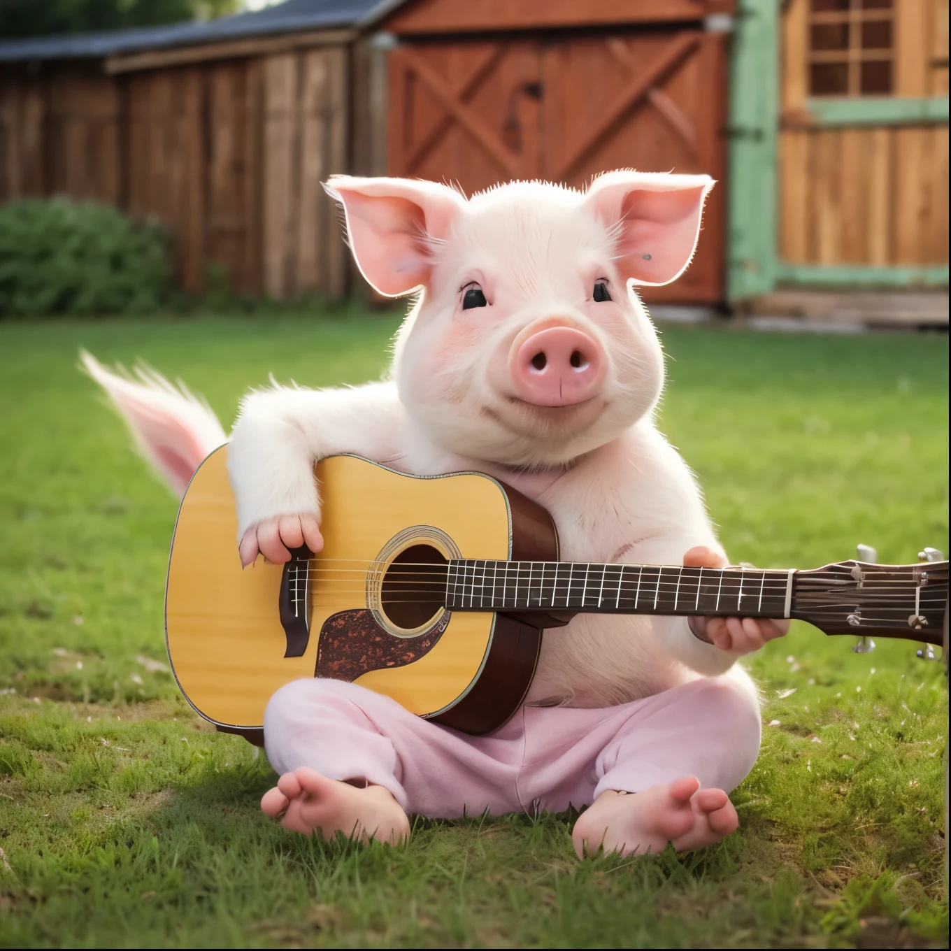 A cute cartoon pig practicing guitar, holding a miniature guitar made of carrots. The pig is sitting in a farmyard, looking studious and concentrated. The carrot guitar is detailed, with strings made of thin green carrot tops. In the background, there's a hint of a barn and some farm equipment. The style is colorful, whimsical, and child-friendly. The lighting is bright and cheerful, suggesting daytime.