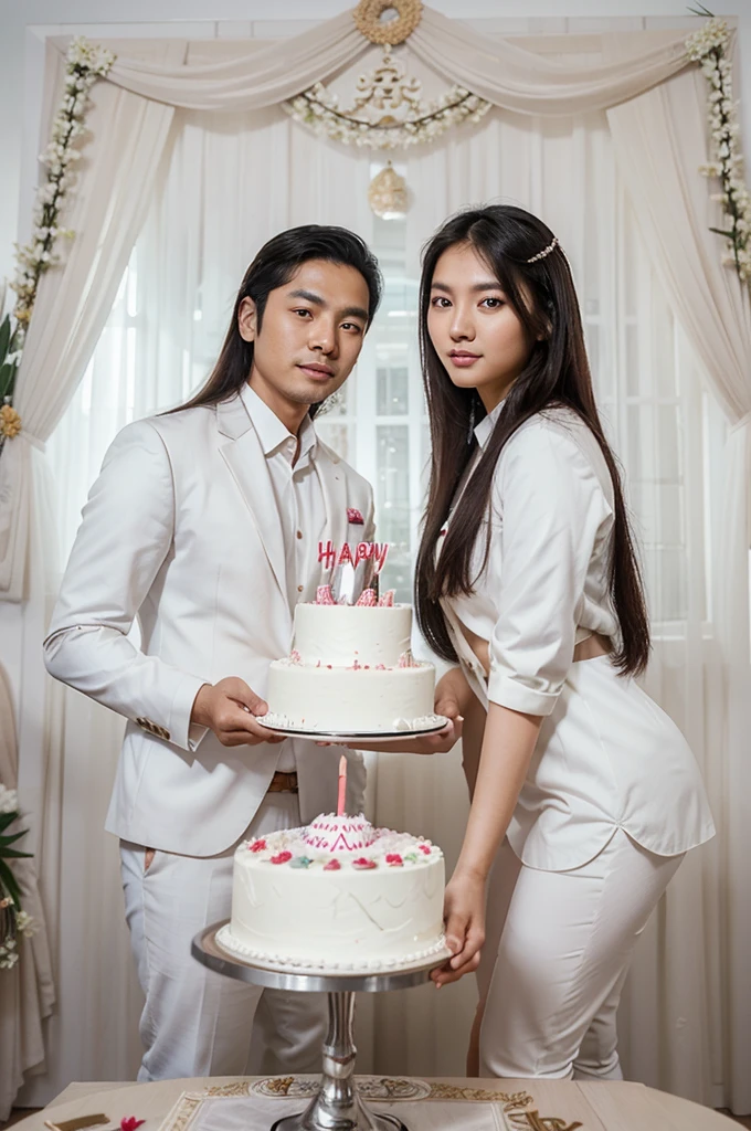 couple photo of an Asian man with  wearing a white suit with an Asian girl long hair, with an cake birthday  logo " Amelia Sekar Arum 26", amazing photo shoot, very beautiful photo, birthday photo, romantic couple, dreamy and romantic, professional photoshop artwork, full body, background logo " Happy birthday Amelia Sekar Arum"