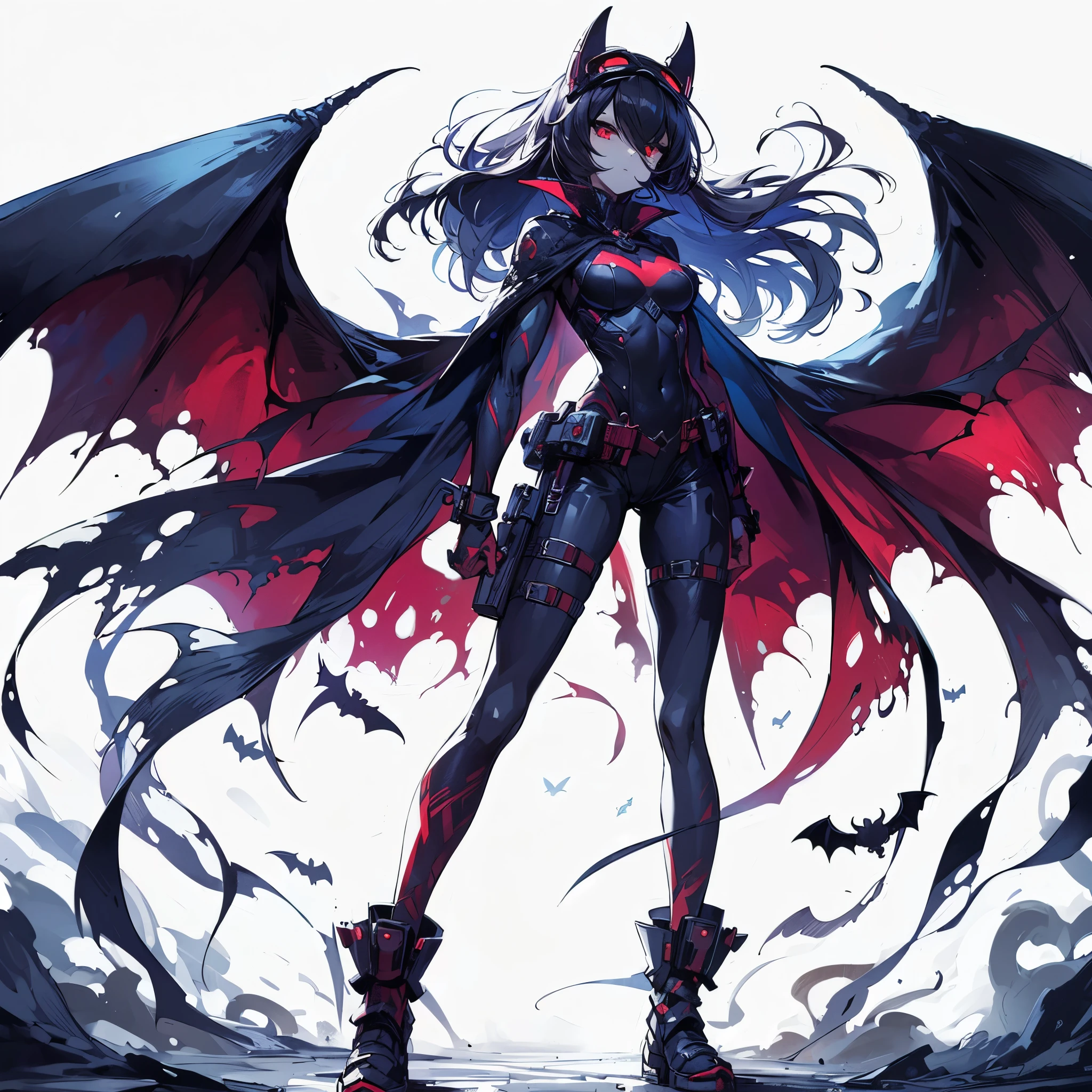 (masterpiece, Best Quality), (detailed hairs), Ultra-detailed, Anime style, Full body, Solo, Cyberpunk bat girl, shadow hair, red eyes, night-blue wrestler costume, skull-face helmet and bats wing ear, folded arms, red cape fluttering in the wind, wearing long boots, ultra-massive, tall stylish, VERY MASSIVE. Muscular but feminine body shape, White background, standing full length, standing on wasted earth, Shadows boiling and seething at Her feet,
