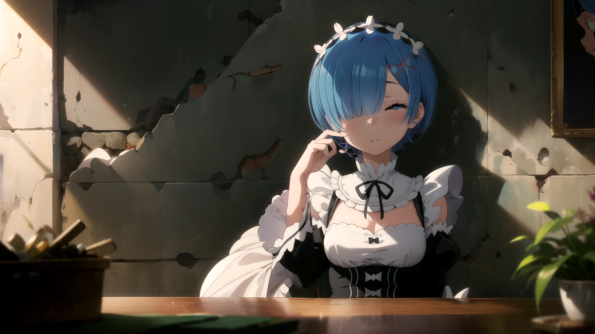 masterpiece,Best quality,1 girl,REM sleep,blue hair,short hair,hair over one eye,hair ornament,maid,sitting on the table,near the wall,closed eyes,sleep,USA,