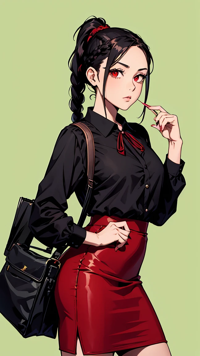 Girl1,alone,cowboy shot,triangle face,red eyes,black hair,braided ponytail hairstyle,(blouse,Pencil skirt,bag),highly detailed,HD,green background