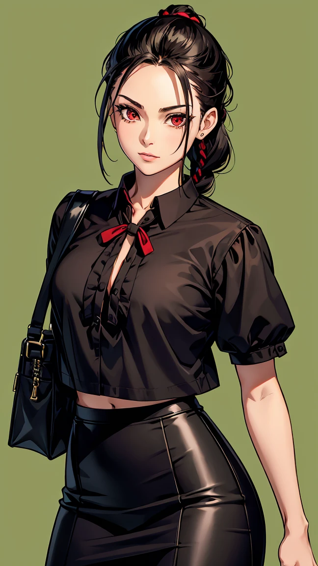 Girl1,alone,cowboy shot,triangle face,red eyes,black hair,braided ponytail hairstyle,(blouse,Pencil skirt,bag),highly detailed,HD,green background