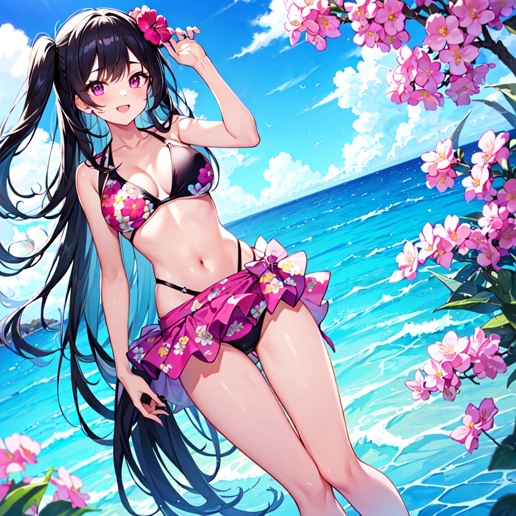 masterpiece, best quality, high quality, extremely detailed, very delicate and beautiful, (1 female 18 years old solo:1.2), (long black hair up to waist with two side up:1.4), bangs to eyebrows, eyes (eyes sharp, strong, glossy, glossy eyebrows), (eye color magenta:1.3), 6.5 head height, (bikini swimsuit with summer flower print:1.3), smiling, (standing), (hand on head), (dynamic pose), (background ocean shallows:1.3), (blue sky)