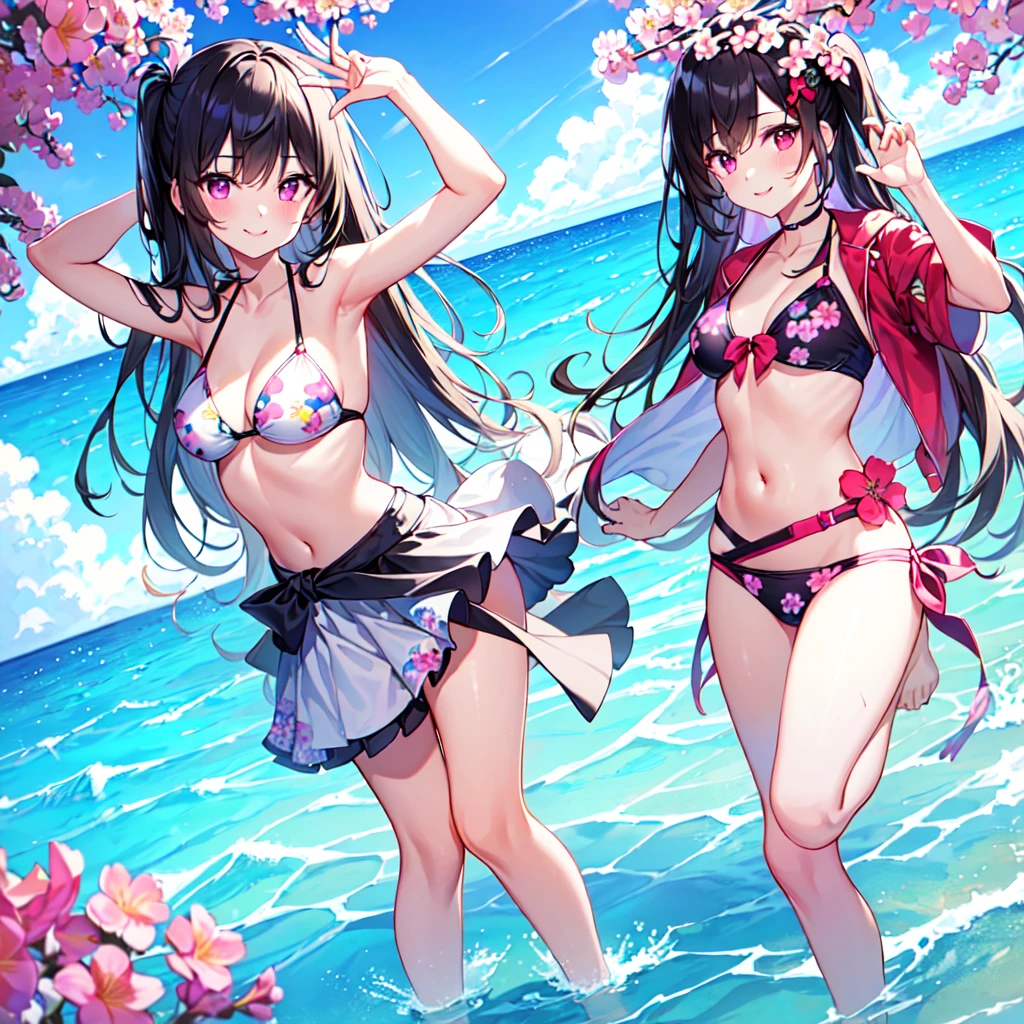 masterpiece, best quality, high quality, extremely detailed, very delicate and beautiful, (1 female 18 years old solo:1.2), (long black hair up to waist with two side up:1.4), bangs to eyebrows, eyes (eyes sharp, strong, glossy, glossy eyebrows), (eye color magenta:1.3), 6.5 head height, (bikini swimsuit with summer flower print:1.3), smiling, (standing), (hand on head), (dynamic pose), (background ocean shallows:1.3), (blue sky)