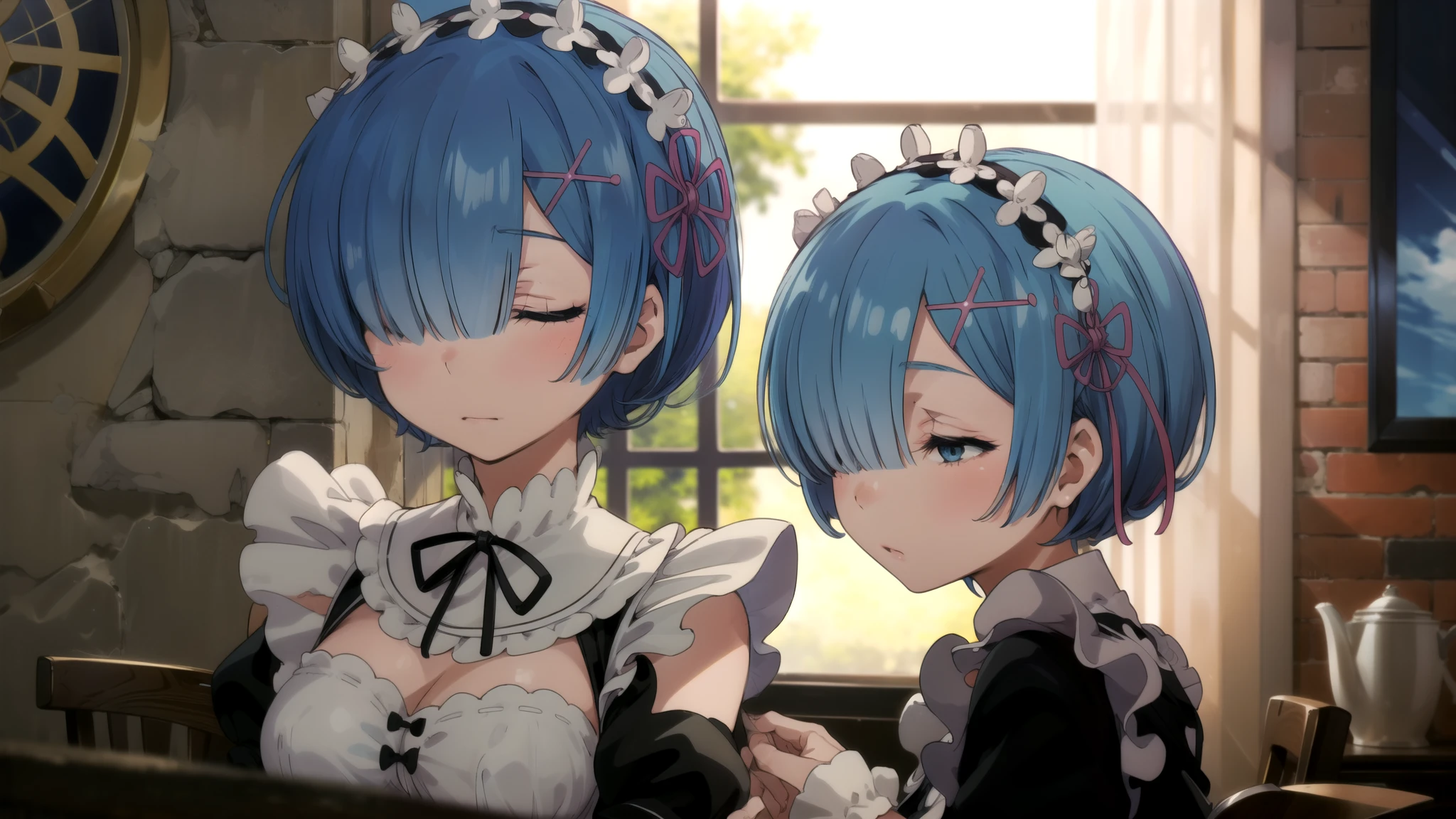 masterpiece,Best quality,1 girl,REM sleep,blue hair,short hair,hair over one eye,hair ornament,maid,sitting on the table,near the wall,closed eyes,sleep,USA,