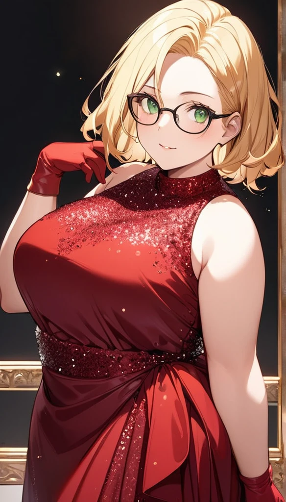 chubby girl, blonde, green eyes, medium length hair, open forehead, without bangs, glasses with black square frames
red dress, long dress, elegant dress, sequined dress, gloves, red gloves