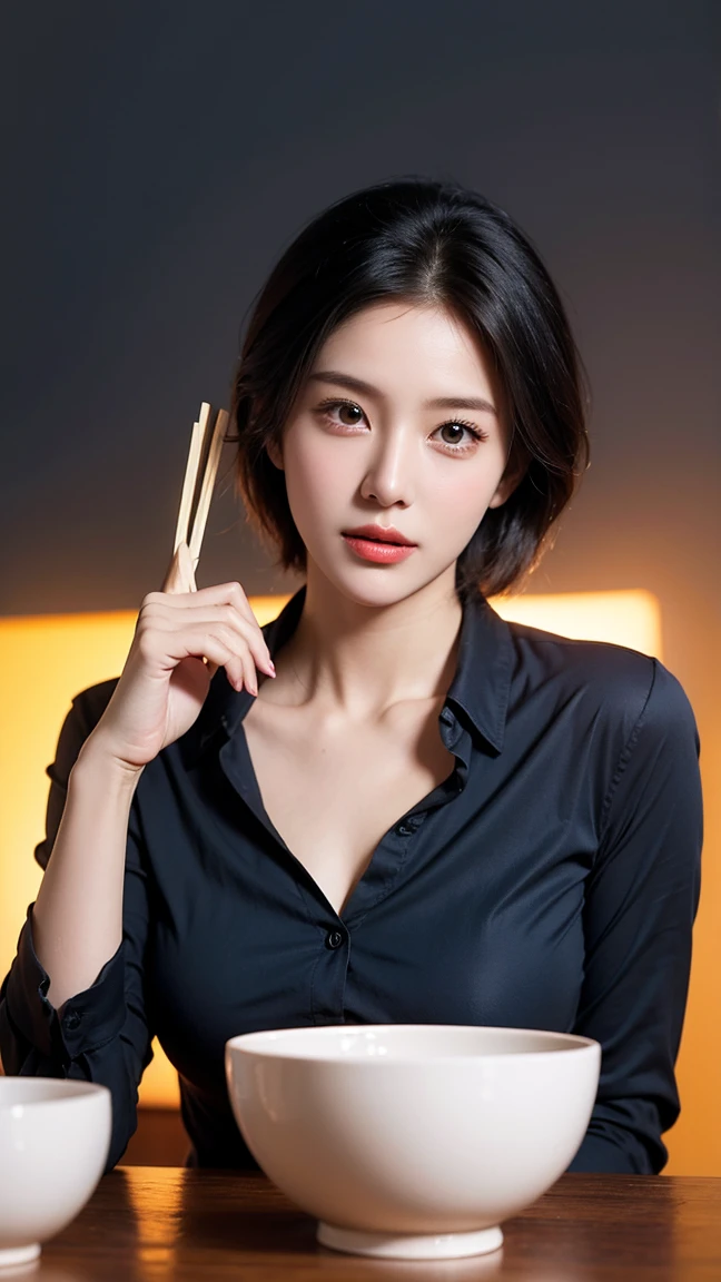 Realistic photos, Beautiful woman , short hair , Orange background , Sexy look , Upper body shot only , Very large breasts , Upturned nipples ,Dark blue collared blouse , Eat rice with palm-sized bowls and chopsticks