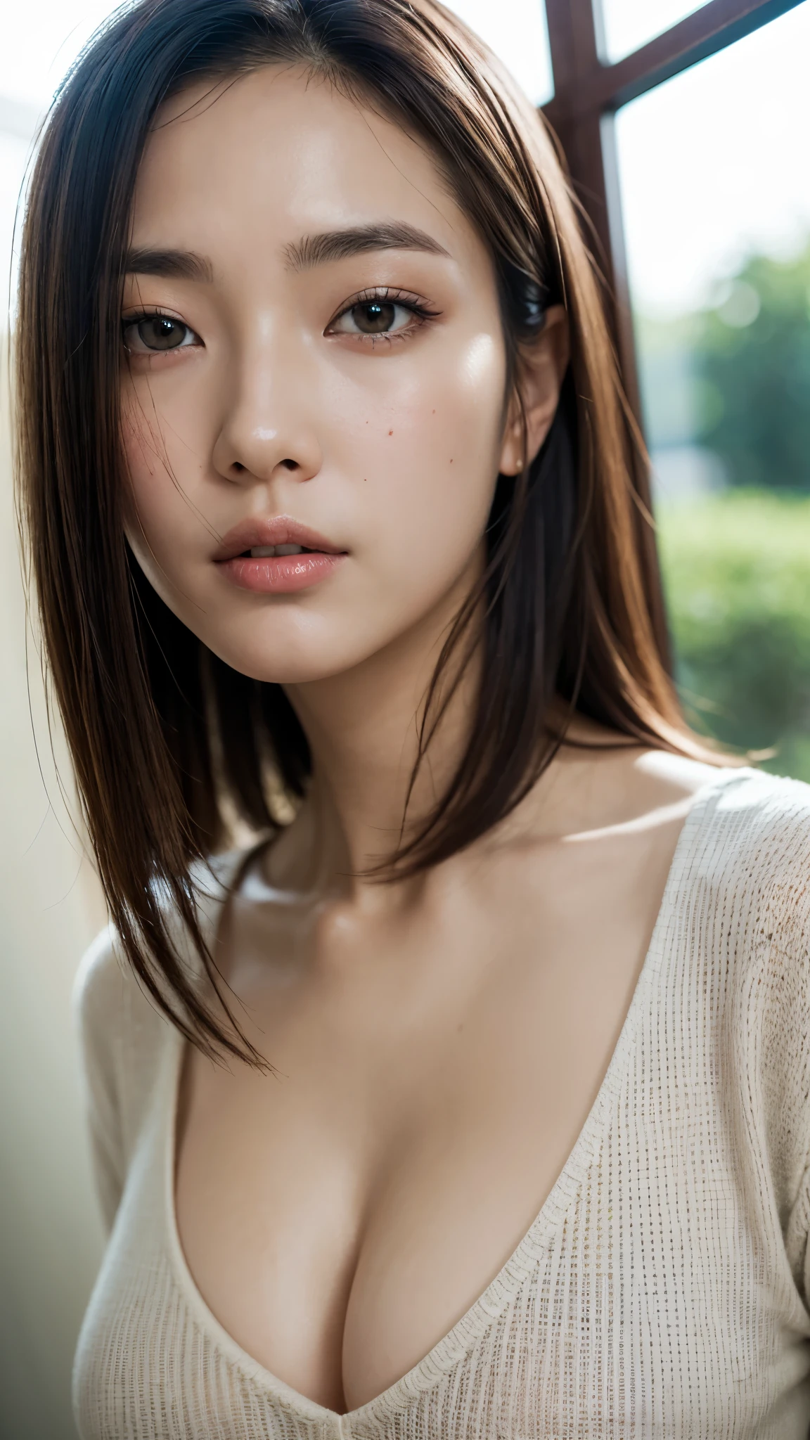 (masterpiece),(Highest quality:1.2),(Very detailed:1.2),(High resolution),(Photorealistic Stick),(RAW Photos),8K,Backlight,(Written boundary depth),(Sophisticated lighting:1.1), (Improving cinematic lighting quality:0.9),Photo shoot of a clothed woman,Soft Portrait Photography,Beautiful Japanese Women,Full Body Portrait,(Eye light,Sharp pupils,Detailed eye drawing,)Very beautiful face,(Detailed skin texture:1.3),(Beautiful portrait:1.2),A lovely and delicate face,Beautiful young Japanese woman,Short Bob,(Large Breasts),Look at this,front,((whole body)),Ridiculous Sweater,No bra,((Rural summer resort))