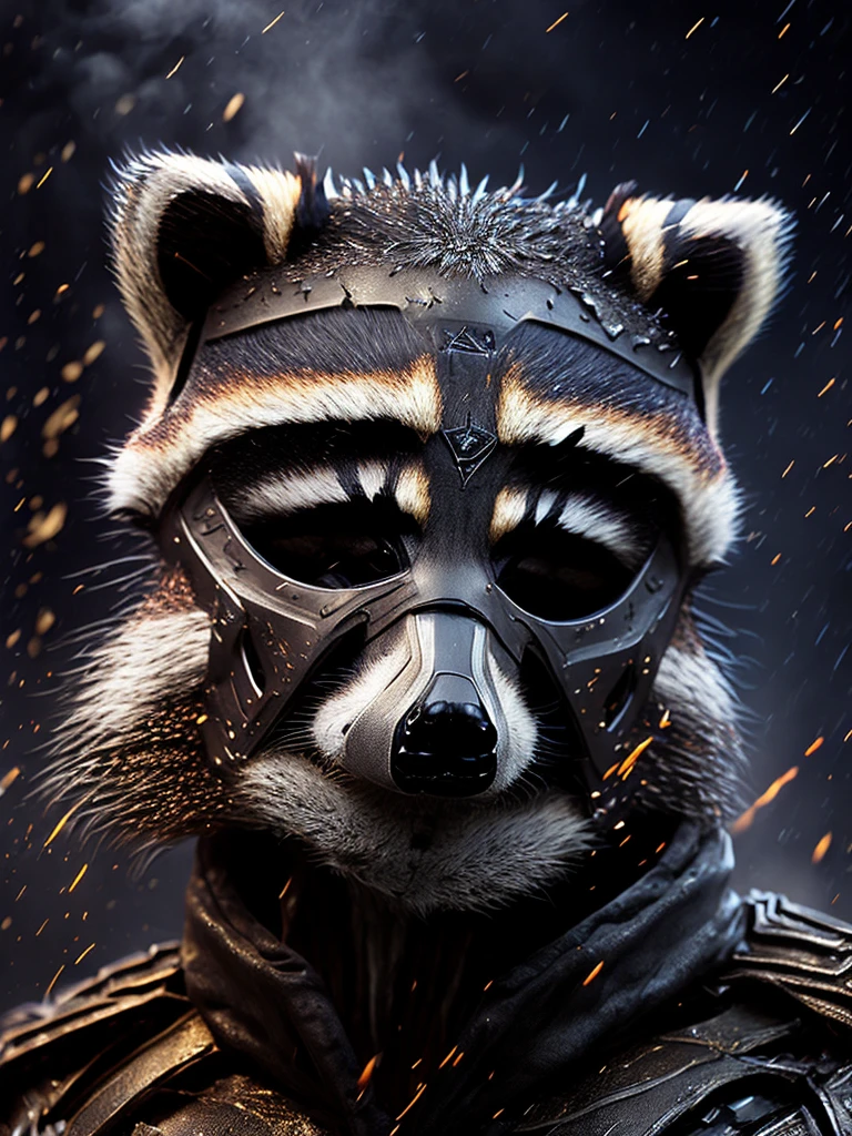 Close-up (Terminator Comedian from DC in Superhero style: 1.3) (raccoon mask:1.6), emerging from wet black mud, extremely detailed, smoke, sparks, plastic shavings, flying debris, volumetric light