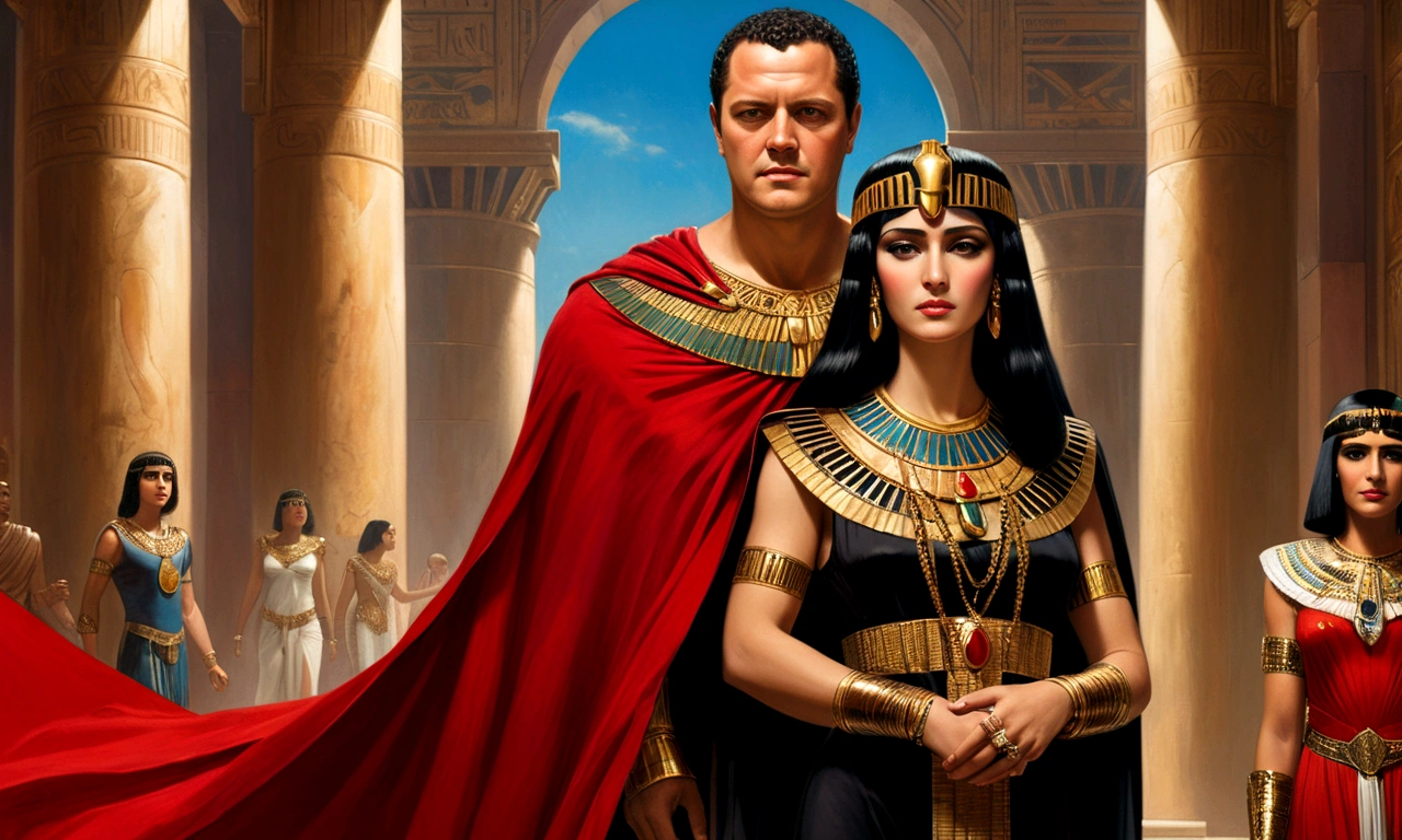 painting of julio cesar aged 52 and cleopatra aged 22, julio cesar with his iconic outfit and his red cape, and Cleopatra with her sensual black dress showing her youth, atmosphere of love 