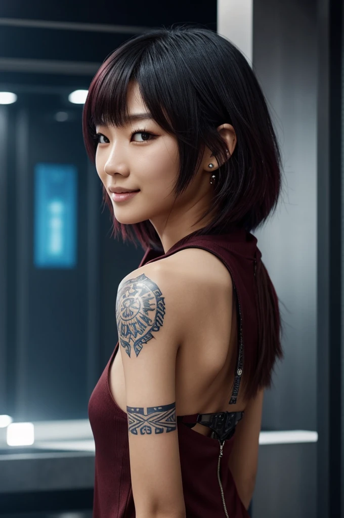 Girl with slightly Asian features, no older than 23 years, with a slightly empty look, but a pretty warm smile, fairly short edgy style hair from the back, and a little long in front in platinum tone, a thin build, without much bust, Your facial features will be delicate, but with protruding fangs and burgundy eyes, His clothing will be futuristic style like a utopian future., and he will have a patch over one of his eyes, several piercings and maybe a tattoo