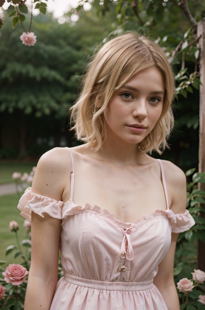 8k, RAW photo, Fujifilm, style photo of a beautiful young woman as avril in a garden of light pink roses (highly detailed skin: 1.2) Style-Petal BREAK short hair, blonde hair with colored locks, wearing a dress, film granulation, 35mm, cute style