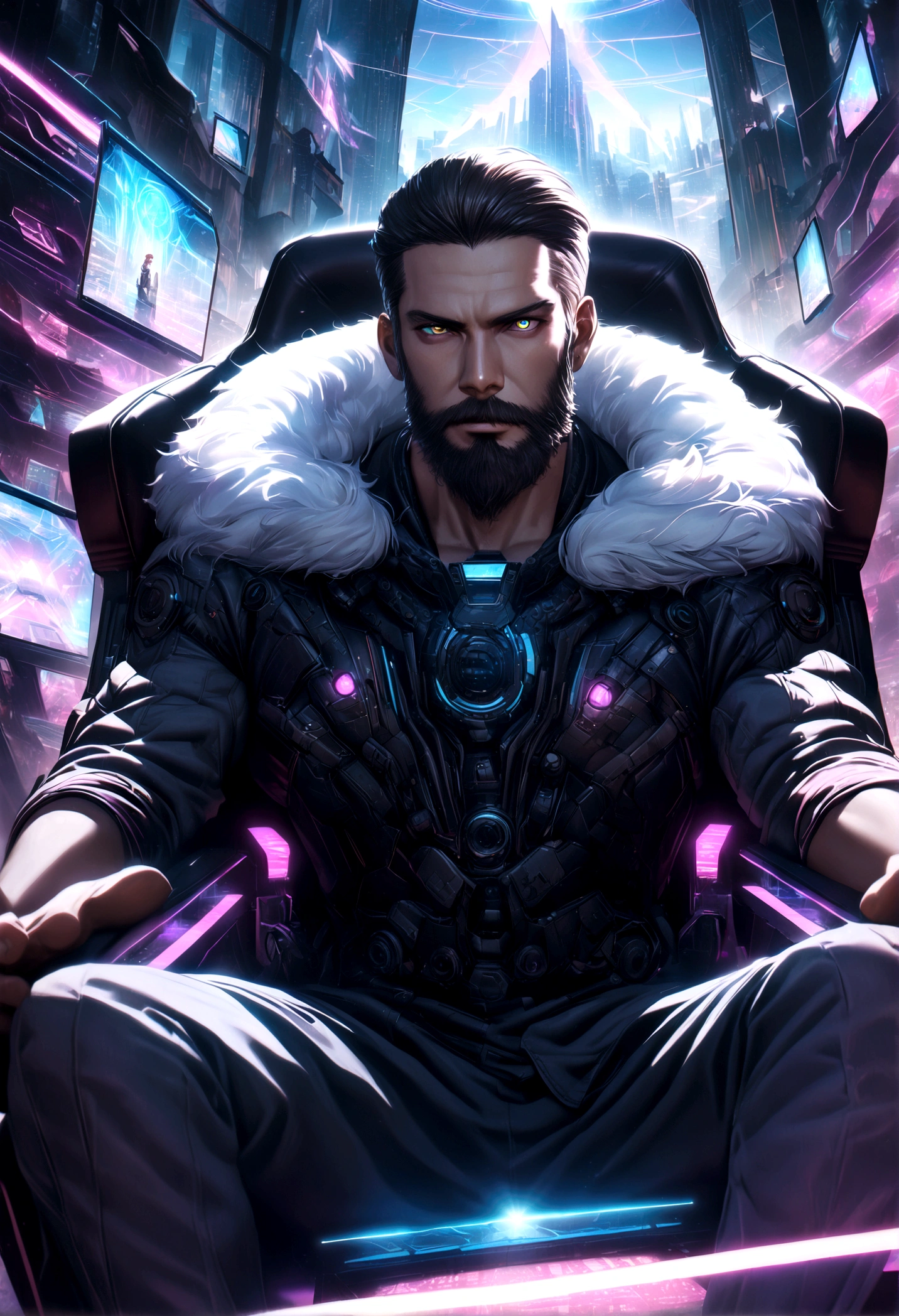 A Viking in a futuristic Utopia, detailed portrait of a Viking man, bearded man with piercing eyes, wearing fur cloak, sitting in a high tech chair, sharpening a futuristic axe, advanced technology, utopian cityscape in the background, glowing holographic displays, shimmering energy fields, vibrant colors, cinematic lighting, photorealistic, 8k, hyper detailed