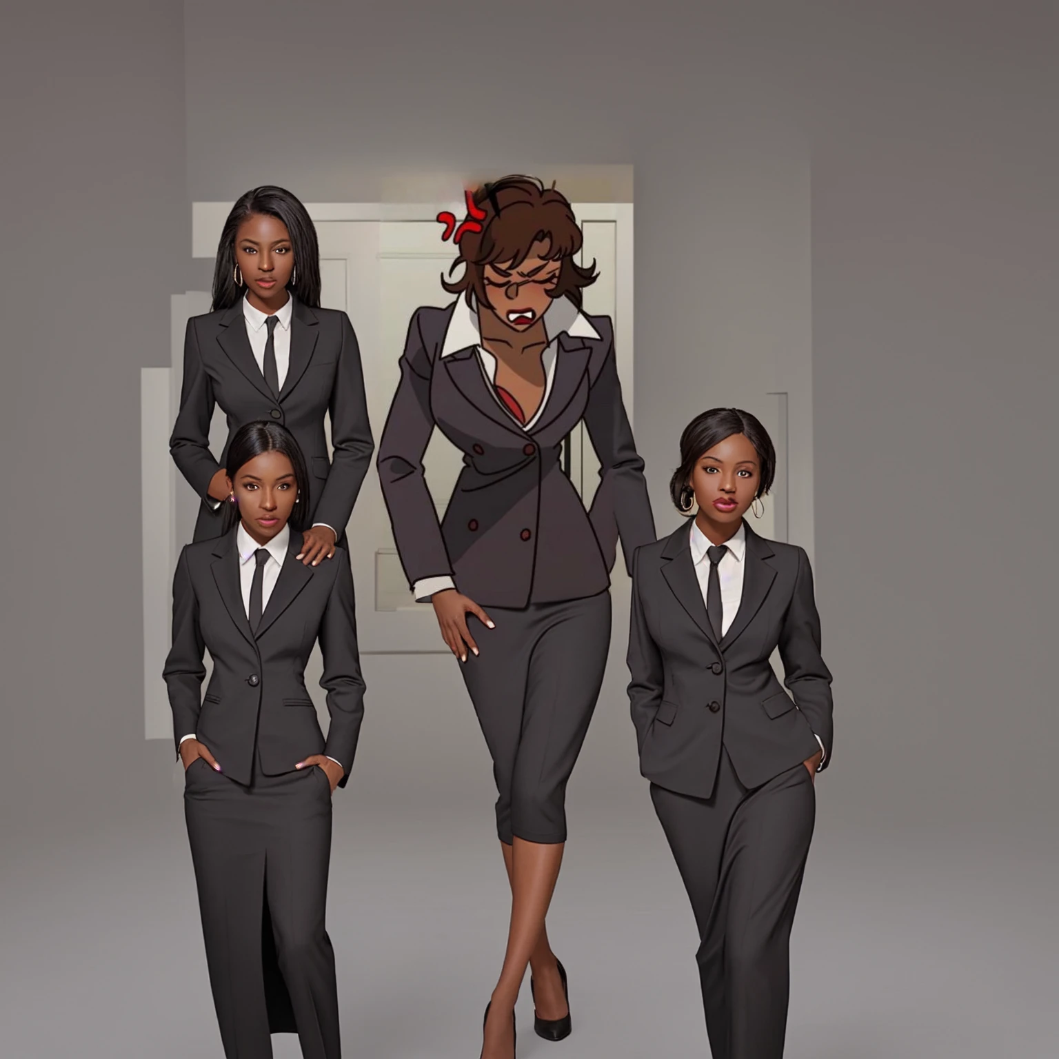 Black skinned business women in a long black skirt suit