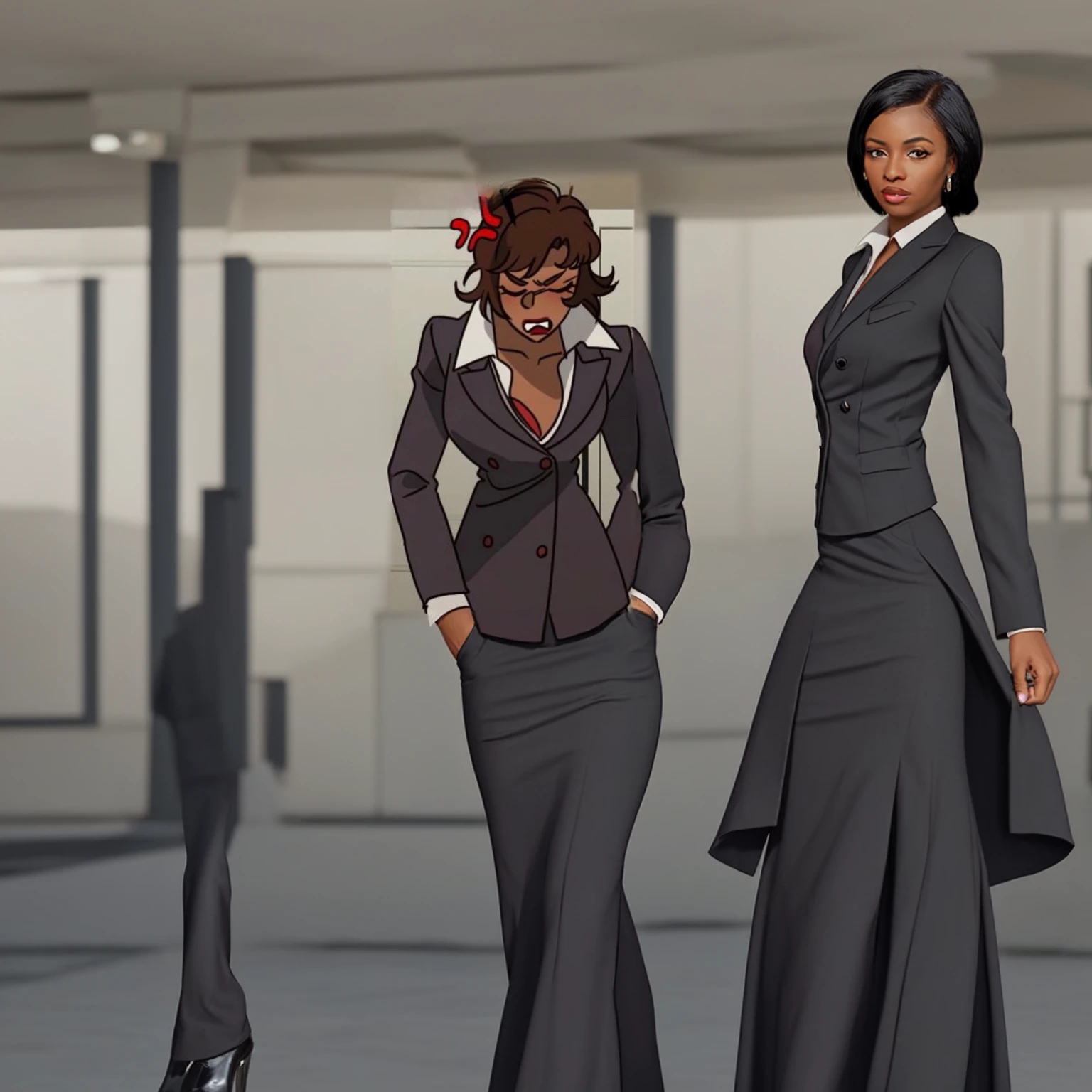 Black skinned business women in a long black skirt suit 