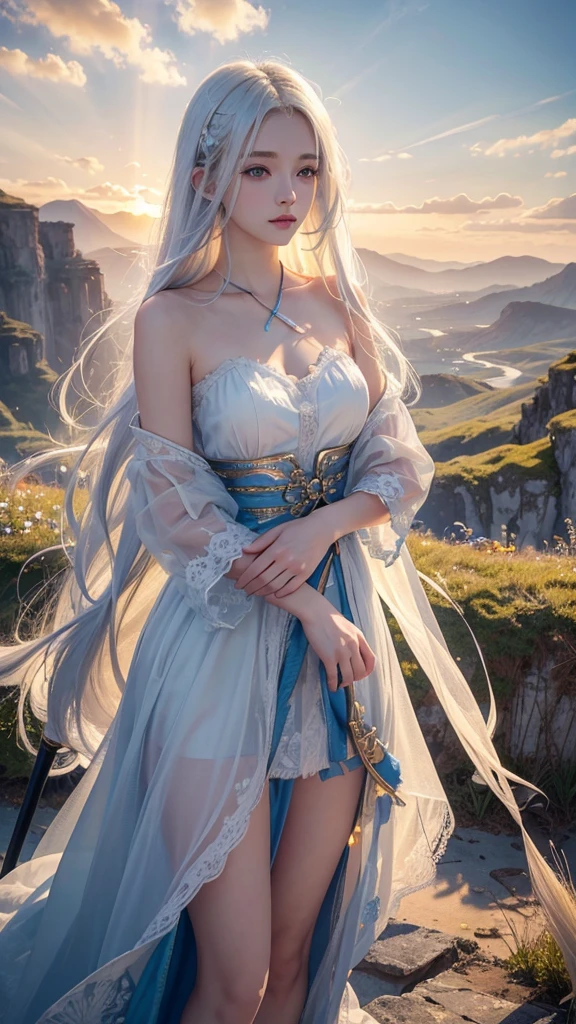 masterpiece、4K、A woman with long fluffy light purple hair、kind face、small breasts、Beautiful detailed white see-through dress、Cleavage exposed、Breasts visible from the side、long legs、Hands folded in front of the waist、Lake of the moonlit night