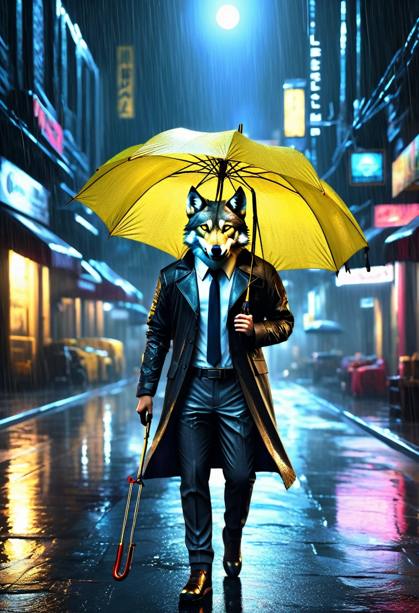 high details, best quality, 16k, RAW, [best detailed], masterpiece, best quality, (extremely detailed), full body, photorealistic, a picture of anthomprh wolf holding an umbrella in cyberpunk street at the rain at night, an epic anthomorph wolf with dynamoc color fur, red glowing eyes, howling to the moon at night, he wears an elegant suit and tie, dark pants, dynamic elegant pants, he is (holding a yellow umbrella: 1.3) , in a dark cyberpunk street at night there is a full moon, it is raining, (highest quality:1.2, Very detailed, up to date, Vibrant, Ultra-high resolution, High Contrast, masterpiece:1.2, highest quality, Best aesthetics), best details, best quality, highres, dynamic angle, 16k, [ultra detailed], masterpiece, best quality, (extremely detailed: 1.5), 