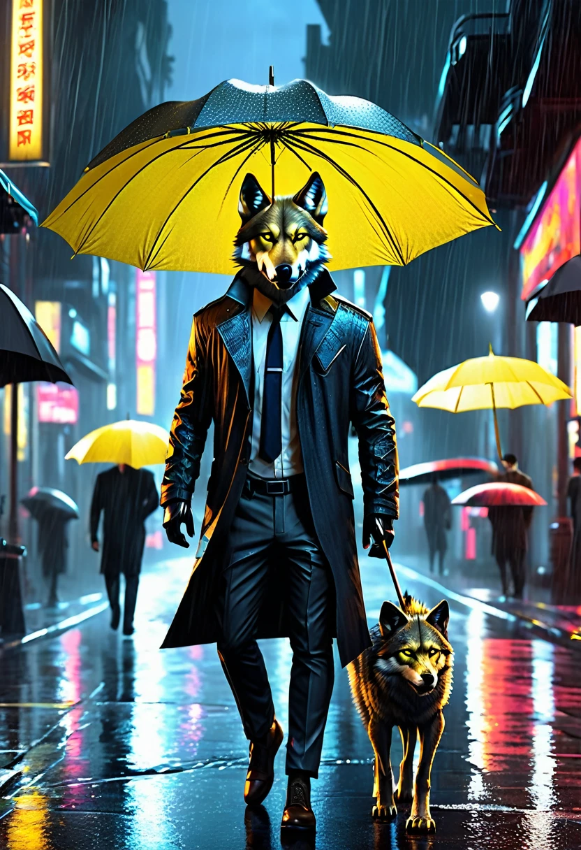 high details, best quality, 16k, RAW, [best detailed], masterpiece, best quality, (extremely detailed), full body, photorealistic, a picture of anthomprh wolf holding an umbrella in cyberpunk street at the rain at night, an epic anthomorph wolf with dynamoc color fur, red glowing eyes, howling to the moon at night, he wears an elegant suit and tie, dark pants, dynamic elegant pants, he is (holding a yellow umbrella: 1.3) , in a dark cyberpunk street at night there is a full moon, it is raining, (highest quality:1.2, Very detailed, up to date, Vibrant, Ultra-high resolution, High Contrast, masterpiece:1.2, highest quality, Best aesthetics), best details, best quality, highres, dynamic angle, 16k, [ultra detailed], masterpiece, best quality, (extremely detailed: 1.5), 