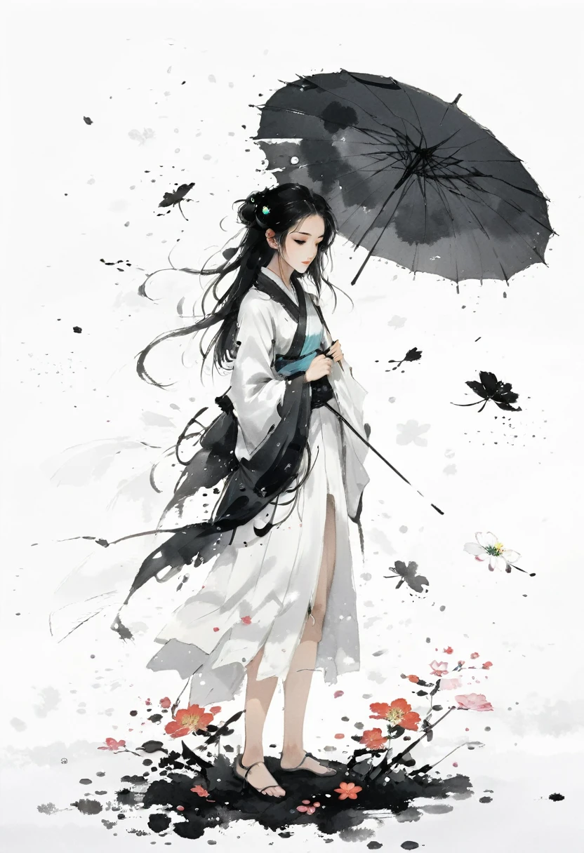 艺术Ink Painting，立体Ink Painting，Minimalism，Minimalism的图形，Minimal Art，Chinese anime girl，whole body，Chinese，，Ink Painting，Umbrella，Falling Flowers，Black long hair，Black and white background，古韵White space，White space，大面积White space，Textured Matte，Low saturation，Minimalism构图，Main Composition