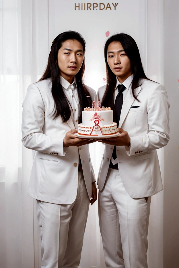 couple photo of an Asian man with wearing a white suit with an Asian girl long hair, with an cake birthday logo " Amelia Sekar Arum 26", amazing photo shoot, very beautiful photo, birthday photo, romantic couple, dreamy and romantic, professional photoshop artwork, full body, background logo " Happy birthday Amelia Sekar Arum"