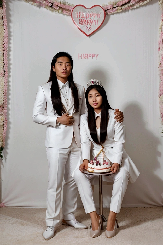 couple photo of an Asian man with wearing a white suit with an Asian girl long hair, with an cake birthday logo " Amelia Sekar Arum 26", amazing photo shoot, very beautiful photo, birthday photo, romantic couple, dreamy and romantic, professional photoshop artwork, full body, background logo " Happy birthday Amelia Sekar Arum"