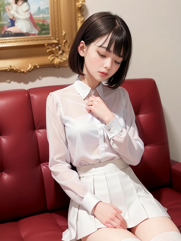 (masterpiece、Highest quality:1.7)、(13 years old:1.5)、(Full body shot:1.5)、Bobcut、Black Hair、85mm、16K、Official Art、RAW Photos、Best Beautiful Faces、Close-up、Violet、Gardenia、The best beautiful girl、very cute、Red blush on cheeks、indoor、(Sit on the couch:1.8)、Film Grain、Chromatic Aberration、Sharp Focus、(((Nice hands、Perfect hands、Perfect Fingers、Thin and delicate fingers、A perfect body without flaws)))、Detailed face、(Slender body:1.5)、(Slender body:1.4)、(Small breasts:1.7)、(Let your bangs hang down:1.8)、(Blushing:1.8)、(Low contrast lighting:1.2)、(White tight business blouse with collar:1.5)、(White bow tie blouse:1.3)、(Long sleeve: 1.3)、(White pleated mini skirt:1.5)、(White School Socks:1.5)、(Eyes closed:1.5),(Touch your chest:1.5),(Hands in crotch:1.5),(masturbation:1.3)