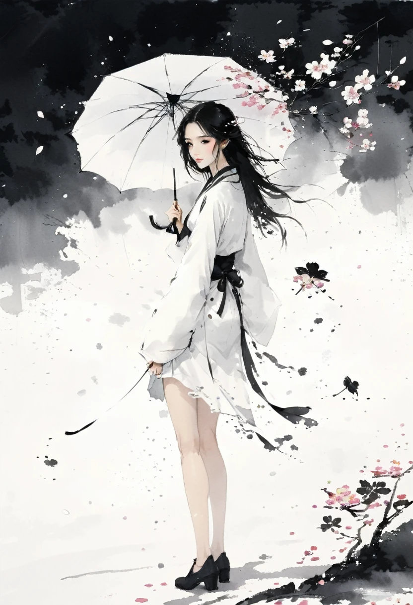 艺术Ink Painting，立体Ink Painting，Minimalism，Minimalism的图形，Minimal Art，Chinese anime girl，whole body，Chinese，，Ink Painting，Umbrella，Falling Flowers，Black long hair，Black and white background，古韵White space，White space，大面积White space，Textured Matte，Low saturation，Minimalism构图，Main Composition