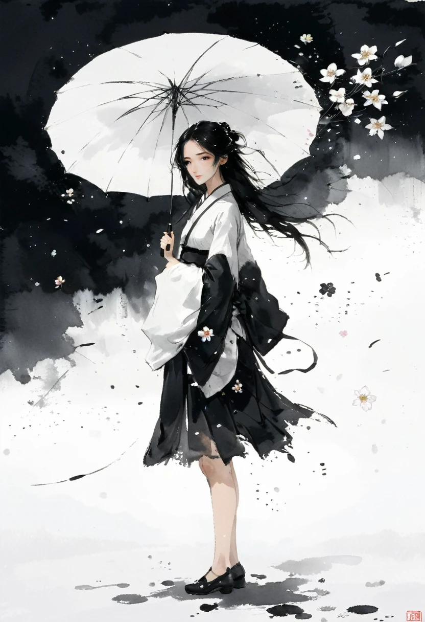 艺术Ink Painting，立体Ink Painting，Minimalism，Minimalism的图形，Minimal Art，Chinese anime girl，whole body，Chinese，，Ink Painting，Umbrella，Falling Flowers，Black long hair，Black and white background，古韵White space，White space，大面积White space，Textured Matte，Low saturation，Minimalism构图，Main Composition