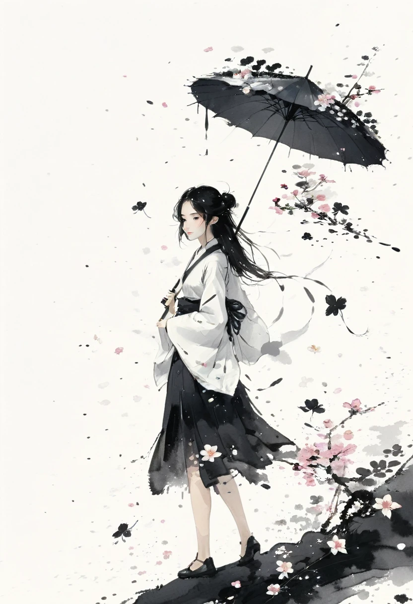 艺术Ink Painting，立体Ink Painting，Minimalism，Minimalism的图形，Minimal Art，Chinese anime girl，whole body，Chinese，，Ink Painting，Umbrella，Falling Flowers，Black long hair，Black and white background，古韵White space，White space，大面积White space，Textured Matte，Low saturation，Minimalism构图，Main Composition