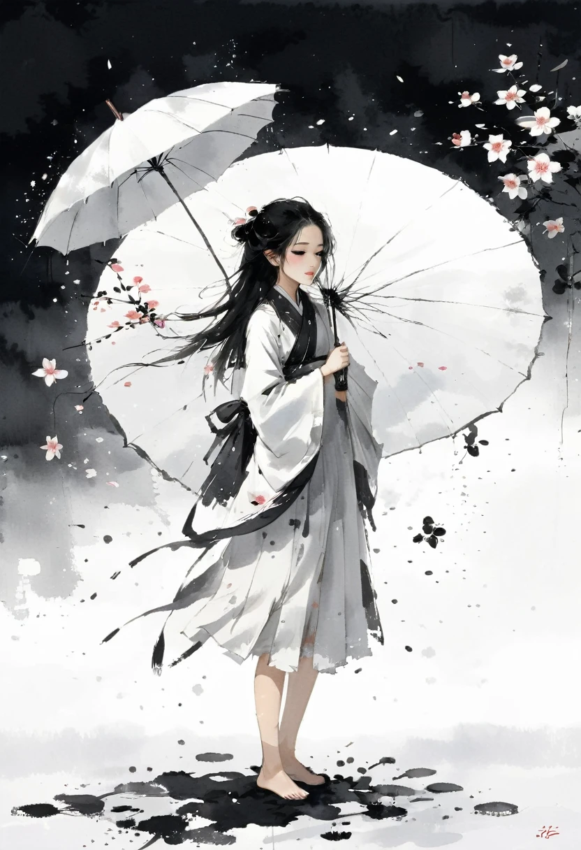 艺术Ink Painting，立体Ink Painting，Minimalism，Minimalism的图形，Minimal Art，Chinese anime girl，whole body，Chinese，，Ink Painting，Umbrella，Falling Flowers，Black long hair，Black and white background，古韵White space，White space，大面积White space，Textured Matte，Low saturation，Minimalism构图，Main Composition