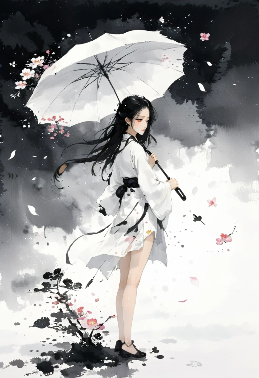 艺术Ink Painting，立体Ink Painting，Minimalism，Minimalism的图形，Minimal Art，Chinese anime girl，whole body，Chinese，，Ink Painting，Umbrella，Falling Flowers，Black long hair，Black and white background，古韵White space，White space，大面积White space，Textured Matte，Low saturation，Minimalism构图，Main Composition