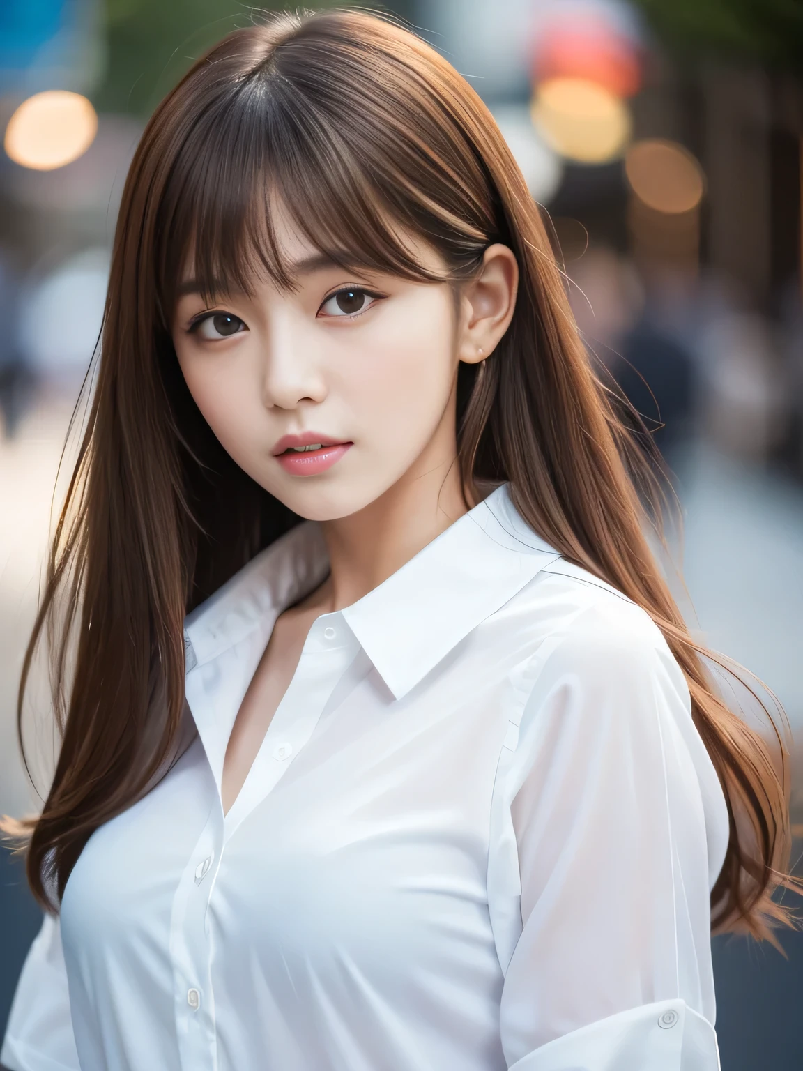 Ultra High Definition, Superior Quality, Premier Quality, ultra detailed, Photorealistic, 8k, RAW Photos, highest quality, masterpiece, Attractive girl, Stunning girl, Brown Hair, Shoulder Length Layered, asymmetrical bangs, K-pop Idol, Sophisticated girl, white shirt with collar, Shibuya,
