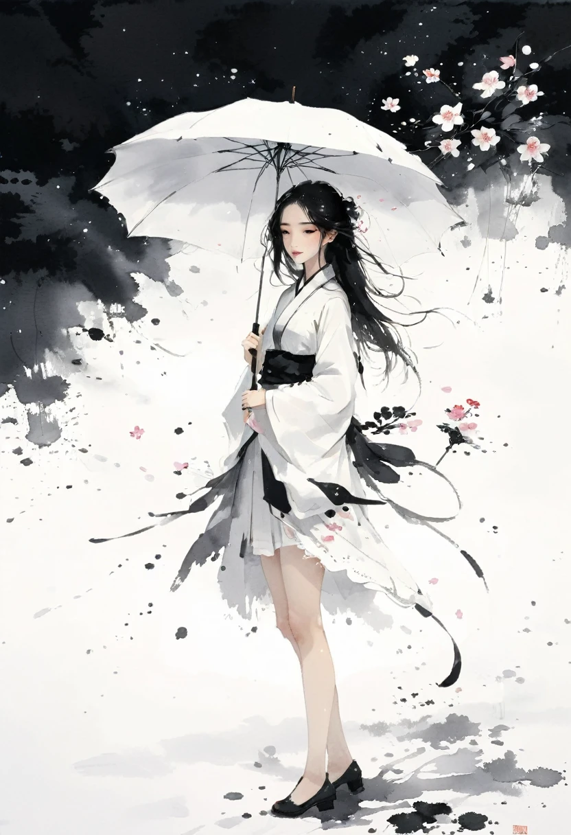 艺术Ink Painting，立体Ink Painting，Minimalism，Minimalism的图形，Minimal Art，Chinese anime girl，whole body，Chinese，，Ink Painting，Umbrella，Falling Flowers，Black long hair，Black and white background，古韵White space，White space，大面积White space，Textured Matte，Low saturation，Minimalism构图，Main Composition