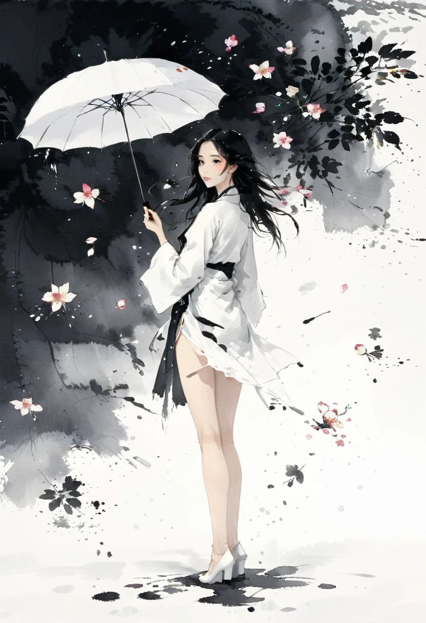 艺术Ink Painting,立体Ink Painting,Minimalism,Minimalism的图形,Minimal Art,Chinese anime girl,whole body,Chinese,,Ink Painting,Umbrella,Falling Flowers,Black long hair,Black and white background,古韵White space,White space,大面积White space,Textured Matte,Low saturation,Minimalism构图,Main Composition