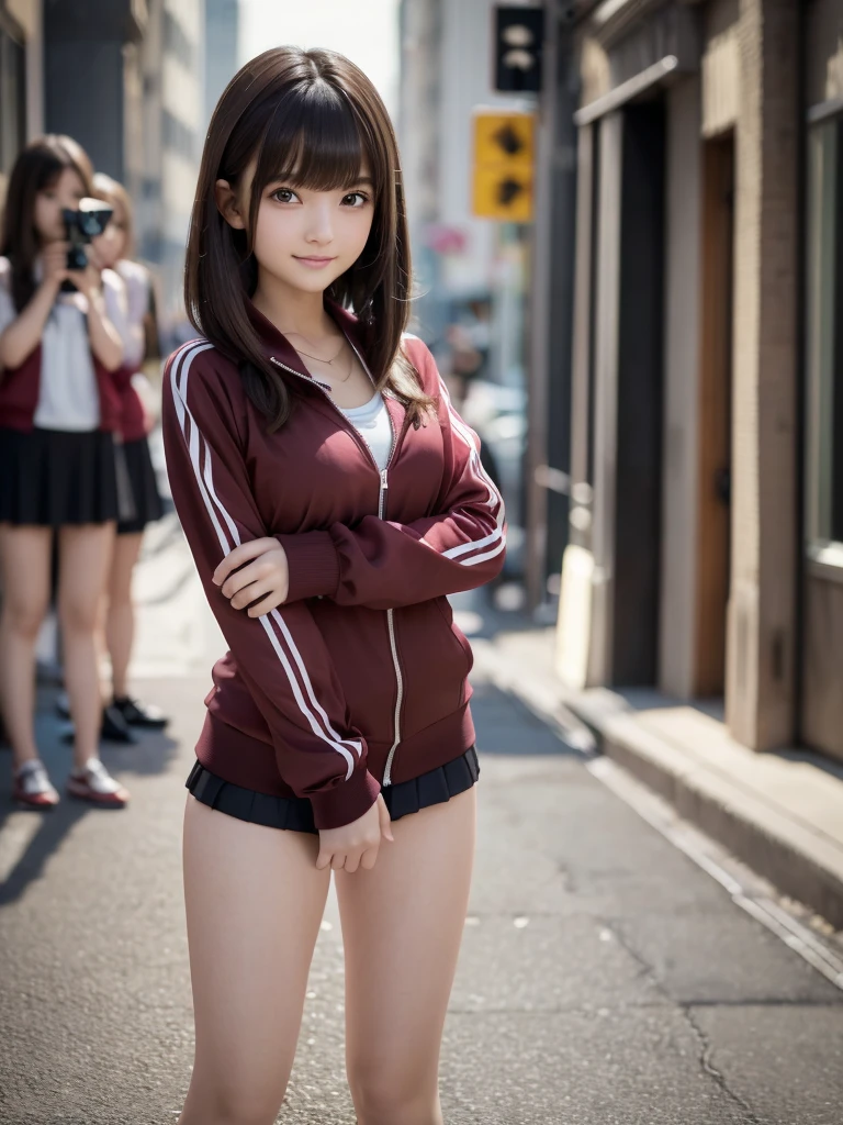 (8K, RAW Photos, Highest quality, masterpiece:1.2), (Realistic, photo-Realistic:1.4), (Highly detailed 8K wallpapers), ((Full Body Shot)), (1 girl), Sharp focus, Depth of written boundary, Cinematic lighting, Soft Light, 緻密な美しさのeye, eye_Chan, Very beautiful 17 year old girl, innocent big eyes, Realistic, photo Realistic, Highly detailed cute girl, (Thin thighs), (Model Body Type), 18-year-old, ((Wine Red Track Jacket)), (Black micro mini tight skirt), (((Fold your arms in front of your chest and act arrogantly))), ((A happy smile)), Parted lips, Watching the audience, (On the streets of New York) , (Brown Hair),(Long Bob Hair), (Asymmetrical bangs)