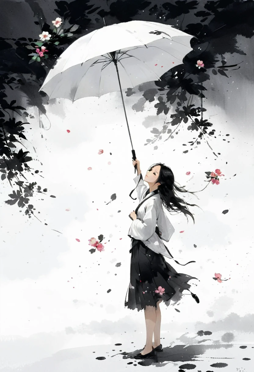 艺术Ink Painting，立体Ink Painting，Minimalism，Minimalism的图形，Minimal Art，Chinese anime girl，whole body，Chinese，，Ink Painting，Umbrella，Falling Flowers，Black long hair，Black and white background，古韵White space，White space，大面积White space，Textured Matte，Low saturation，Minimalism构图，Main Composition