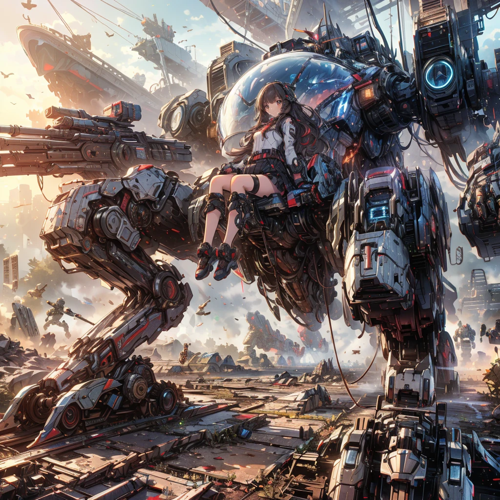 (masterpiece:1.2), best quality, high resolution, extremely detailed CG, absurdres, highres, Sci-fi world where a mecha girl sits inside a machine with giant robot arms and legs on a battlefield, and the girl holds the lever of the machine