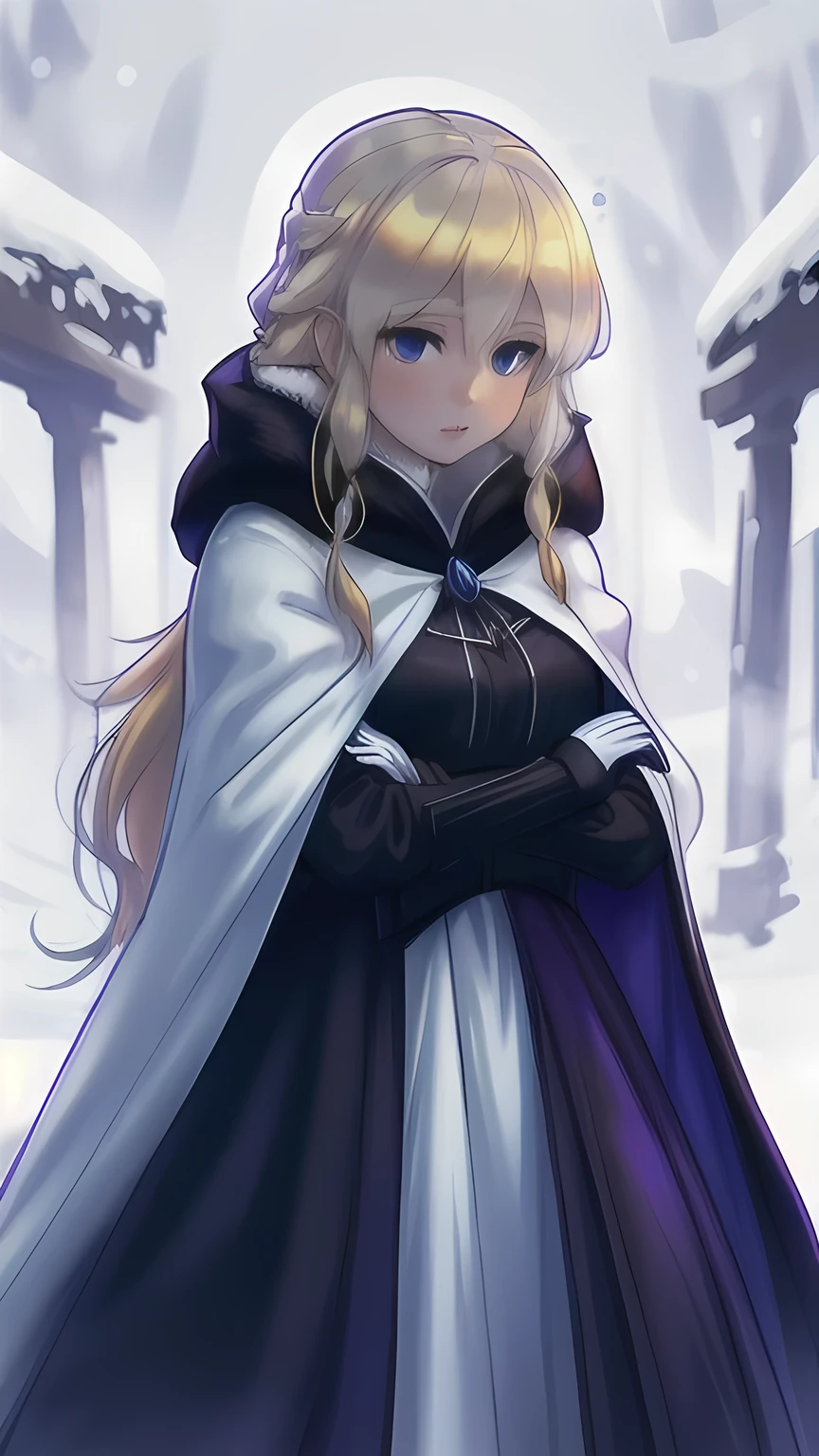  young woman, adult, 20 years, blue eyes blond long hair, black cloak with white fur,  long purple dress under a cloak, cold, winter
