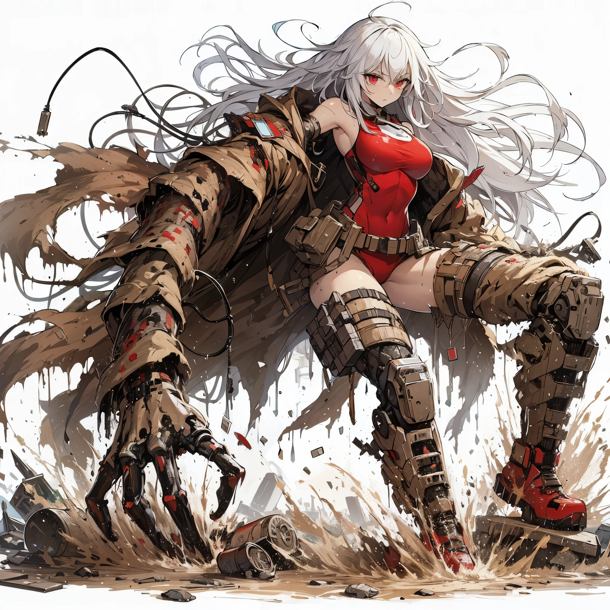 (masterpiece, Best Quality), (detailed hairs), Ultra-detailed, Anime style, Full body, Solo, Cyberpunk vigilante girl, white hair and red eyes, red wrestler costume, desert camouflage rag cloak that bends in the wind, wearing debris or appearing as a giant arm. wearing long boots, ultra-massive, Muscular but feminine body shape, White background, standing full length, boiling and seething at Her feet on rubble with a mixture of scrap iron, muddy soil, and glass.
