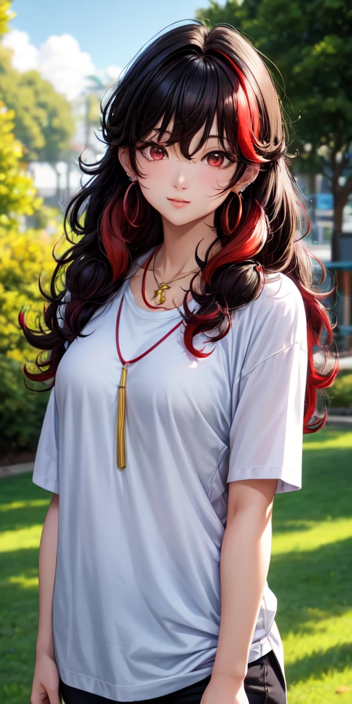 anime panel,upper body, 1girl,solo Korean, black curly hair with red highlights, red slanted eyes, casual clothes, ear piercing, necklace, hair illuminated by sunlight, park background,