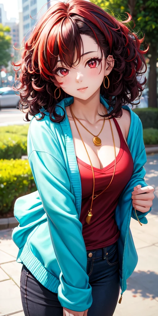 anime panel,upper body, 1girl,solo Korean, black curly hair with red highlights, red slanted eyes, casual clothes, ear piercing, necklace, hair illuminated by sunlight, park background,