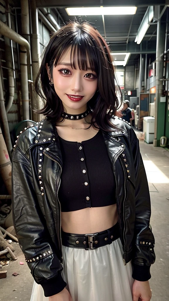 (Droopy eyes, Natural Makeup、Ultra-high definition beauty face:1.35)、(Ultra high resolution perfect beautiful teeth, Mid-chest, Tight waist, toothy big smile:1.15)、Ultra HD Shining Eyes、Super high quality glossy lip,Look in front of you、Thin clavicle、((Thin and large))、looking at viewer, (A goth punk girl in a rugged, industrial setting, wearing a studded leather jacket and tulle skirt:1.15), with dramatic makeup and punk hair, confidently posing among decayed machinery, captured with natural lighting and a balance of light and shadow.