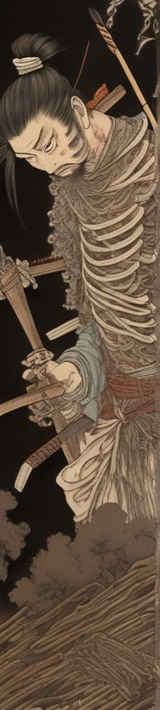 japanese line art , a samurai( tied up to a wooden steak with several arrows stuck in him,:1.2) lower body missing visible skeletal structure , ripped rags, rope and bloody ground, black skies and large moon , floral damask background , in the style of takato yamamoto ,