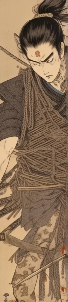 japanese line art , a samurai( tied up to a wooden steak with several arrows stuck in him,:1.2) lower body missing visible skeletal structure , ripped rags, rope and bloody ground, black skies and large moon , floral damask background , in the style of takato yamamoto ,