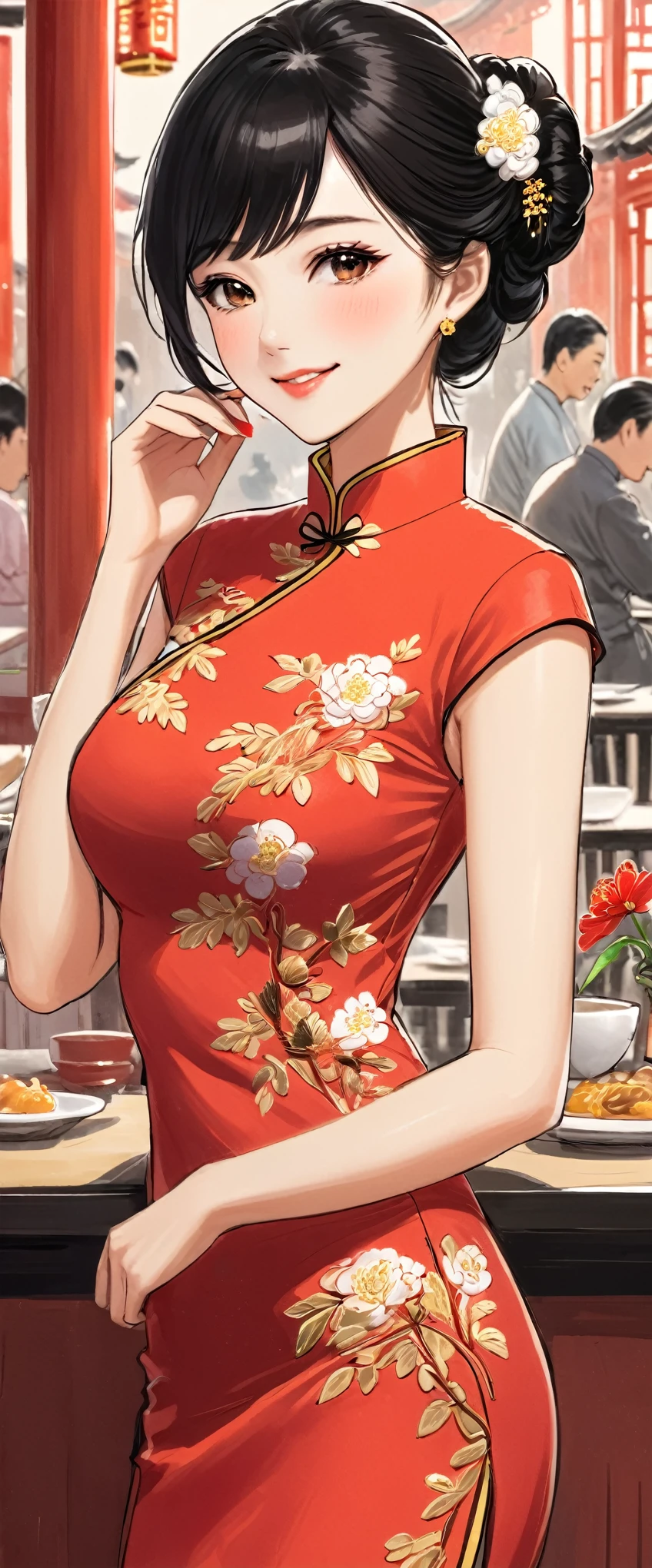 A beautiful woman, city,(Red cheongsam), (flower chignon), (gold embroidery thread), outdoor chinese restaurant, light smile, ((black hair)), little blush, side, (breast), line art, Scan Painting Art, Color pencil drawing art, (hand drawing art), ((draft drawing)),