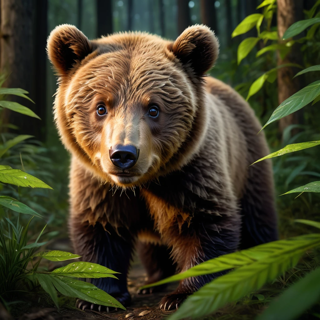 Reality, Realism, brown bear cub, tmasterpiece, Brad Jongsan walks in the jungle (Night of the Fireflies), (higly detailed: 1 1), rough face, natural skin, hiquality, NSFW, pretty eyes, (Detailed face and eyes), (s face: 1 2), tumult, Complementary, real-photo, ...PSD, Lightweight Film Photography, sharp-focus, contrast lighting, Detail Skin, high resolution 8k, Crazy detailing, Realistic, professional photo of a, 8K UHD, dslr, soft light, hiquality, film grains, Fujifilm XT3