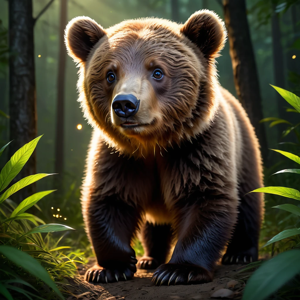 Reality, Realism, brown bear cub, tmasterpiece, Brad Jongsan walks in the jungle (Night of the Fireflies), (higly detailed: 1 1), rough face, natural skin, hiquality, NSFW, pretty eyes, (Detailed face and eyes), (s face: 1 2), tumult, Complementary, real-photo, ...PSD, Lightweight Film Photography, sharp-focus, contrast lighting, Detail Skin, high resolution 8k, Crazy detailing, Realistic, professional photo of a, 8K  UHD, dslr, soft light,  hiquality, film grains, Fujifilm XT3