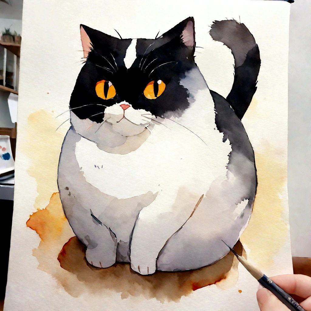 Highest quality、masterpiece、White and black cat、cute cat、Fat Cat、Watercolor