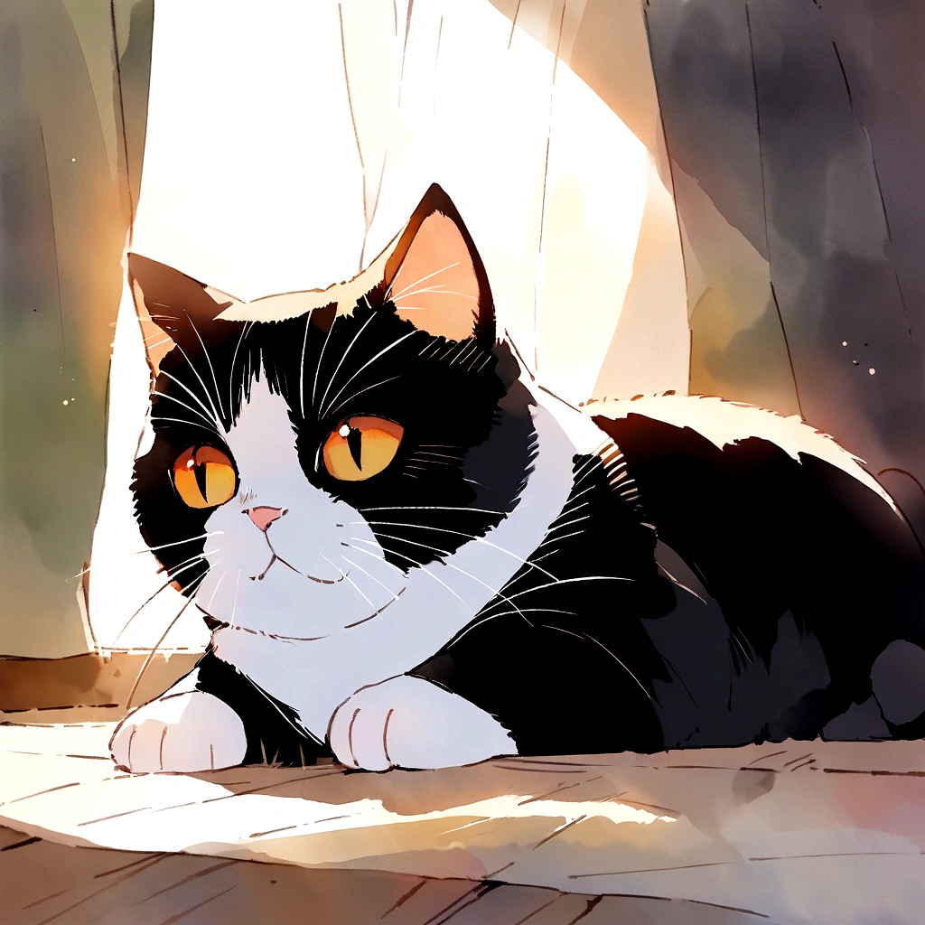 Highest quality、masterpiece、White and black cat、cute cat、Fat Cat、Watercolor